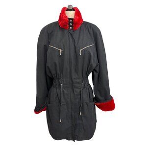 KL By Karl Lagerfeld Black Coat With Red Faux Fur Collar Cuffs Drawstring Waist
